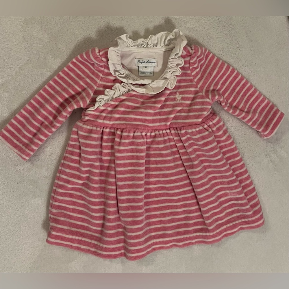 EUC - Polo Ralph Lauren Baby Girl Velour Dress  (Pink/White) - Size 3M